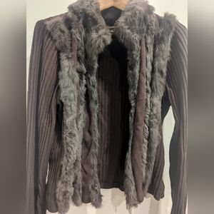 Cabo Brown Ribbed Sweater with Faux Fur Trim